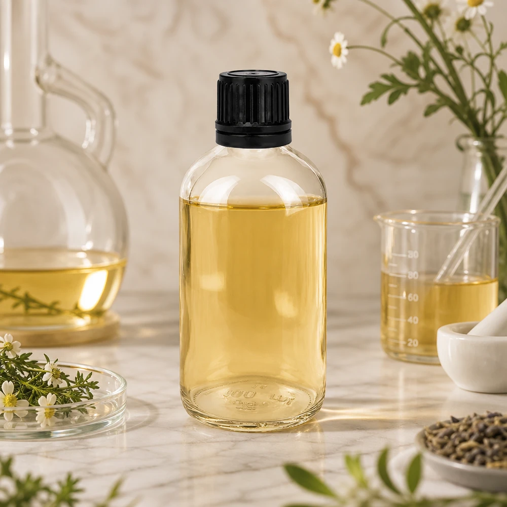 100ml (globule)Flas. 8mm GR s. STD ClearL. UT18/100 Flacon cylindrique en verre transparent de 100 ml avec bouchon à vis noir, contenant une huile jaunâtre posée sur du marbre