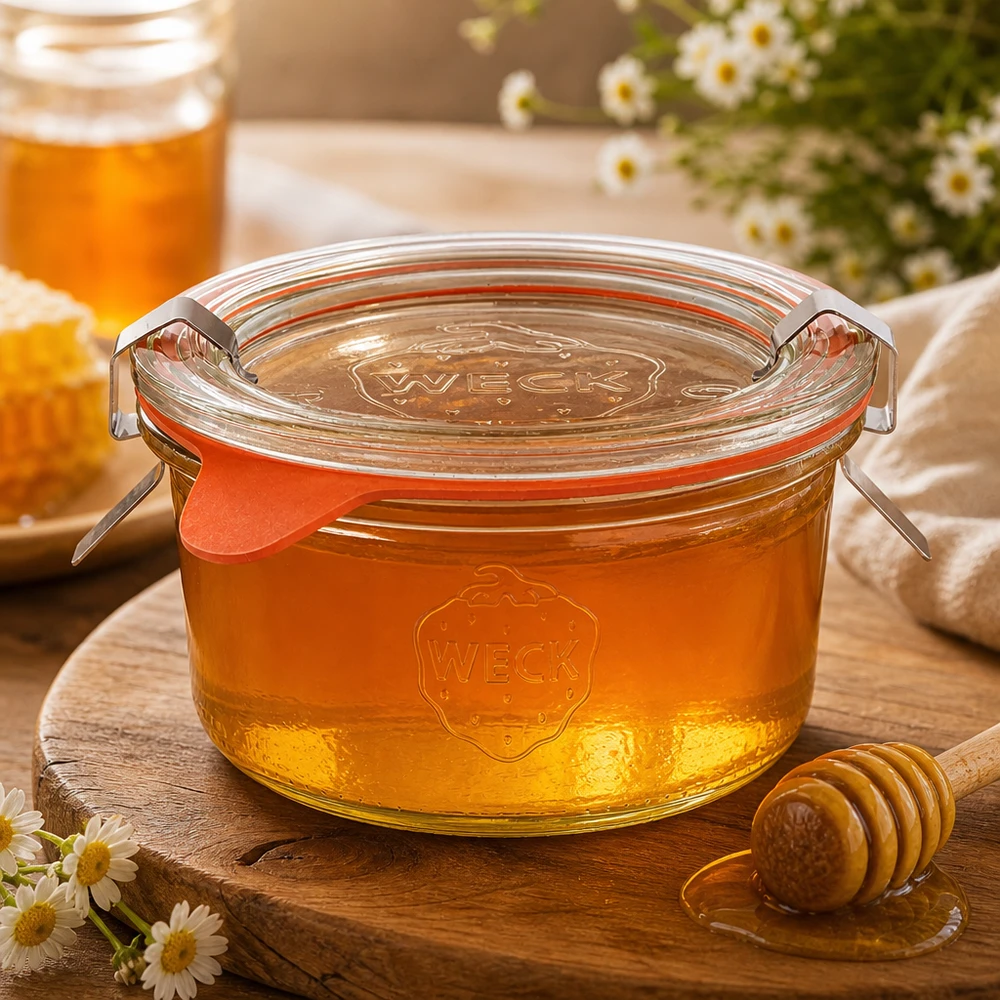 WECK Pot renversé 165ml RR80 rempli de miel doré à côté d'une cuillère à miel et d'une marguerite sur une planche en bois