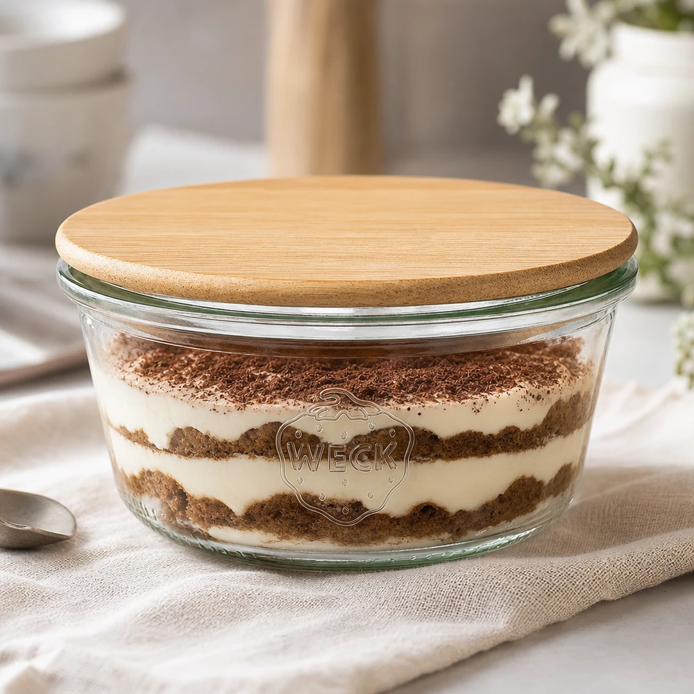 WECK Verre renversé 290ml RR100 rempli de tiramisu avec couvercle en bois de bambou, verre à dessert dans une élégante scène de cuisine