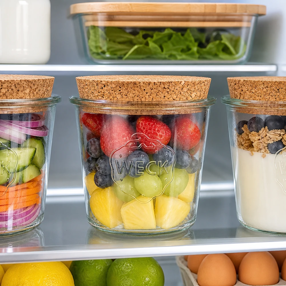 WECK Pot renversé 580ml RR100 Couvercle en liège dans le réfrigérateur avec fruits frais Baies et Meal Prep Organisation