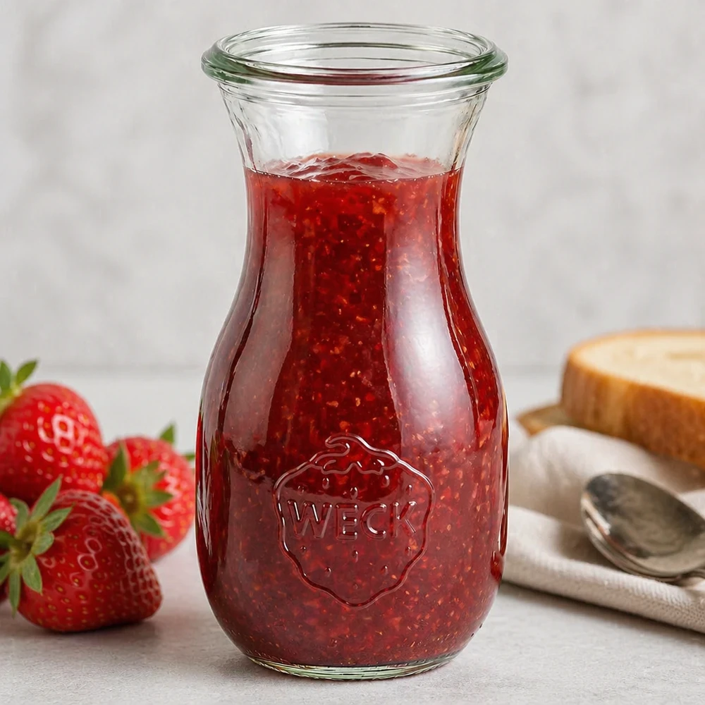 Bouteille de jus de fruits remplie WECK 290ml RR60 avec confiture de fraises rouges et logo de l'entreprise visible sur la surface blanche