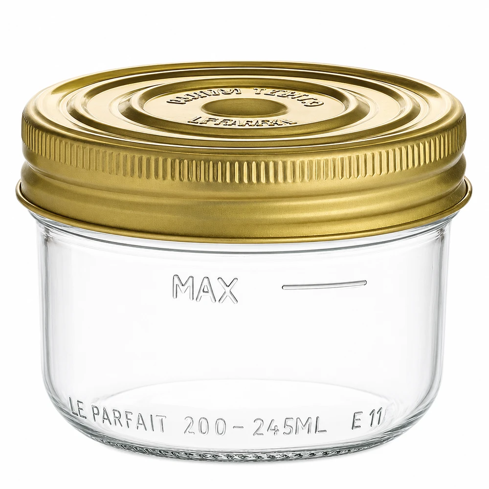 Le Parfait® Familia Wiss 200 g Ø82 mm bocal Pot de 245 ml Familia Wiss avec couvercle doré à visser et repère de niveau maxi pour la mise en bocaux et les conserves