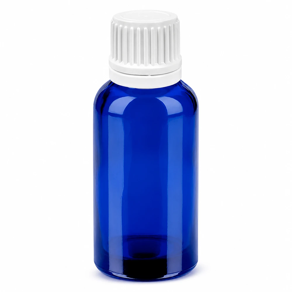 Flacon compte-goutte 30ml 0.7mm blanc OV BlueLine UT18/30 Petit flacon en verre bleu de 30 ml avec compte-gouttes pour l'aromathérapie