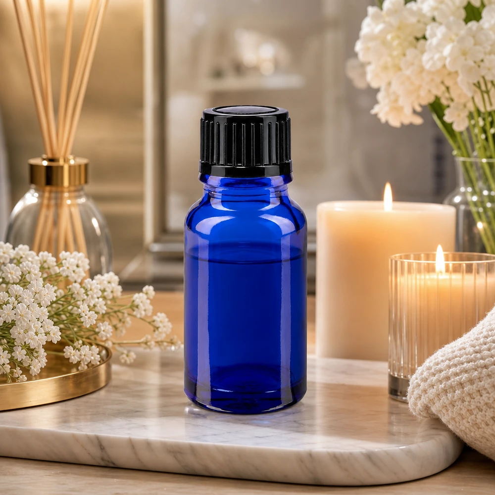 Flacon de pharmacie bleu 10ml, noir 1mm std Flacon anti-UV bleu, 10 ml, compte-gouttes STD noir, ApoGlas, pour cosmétiques et huiles