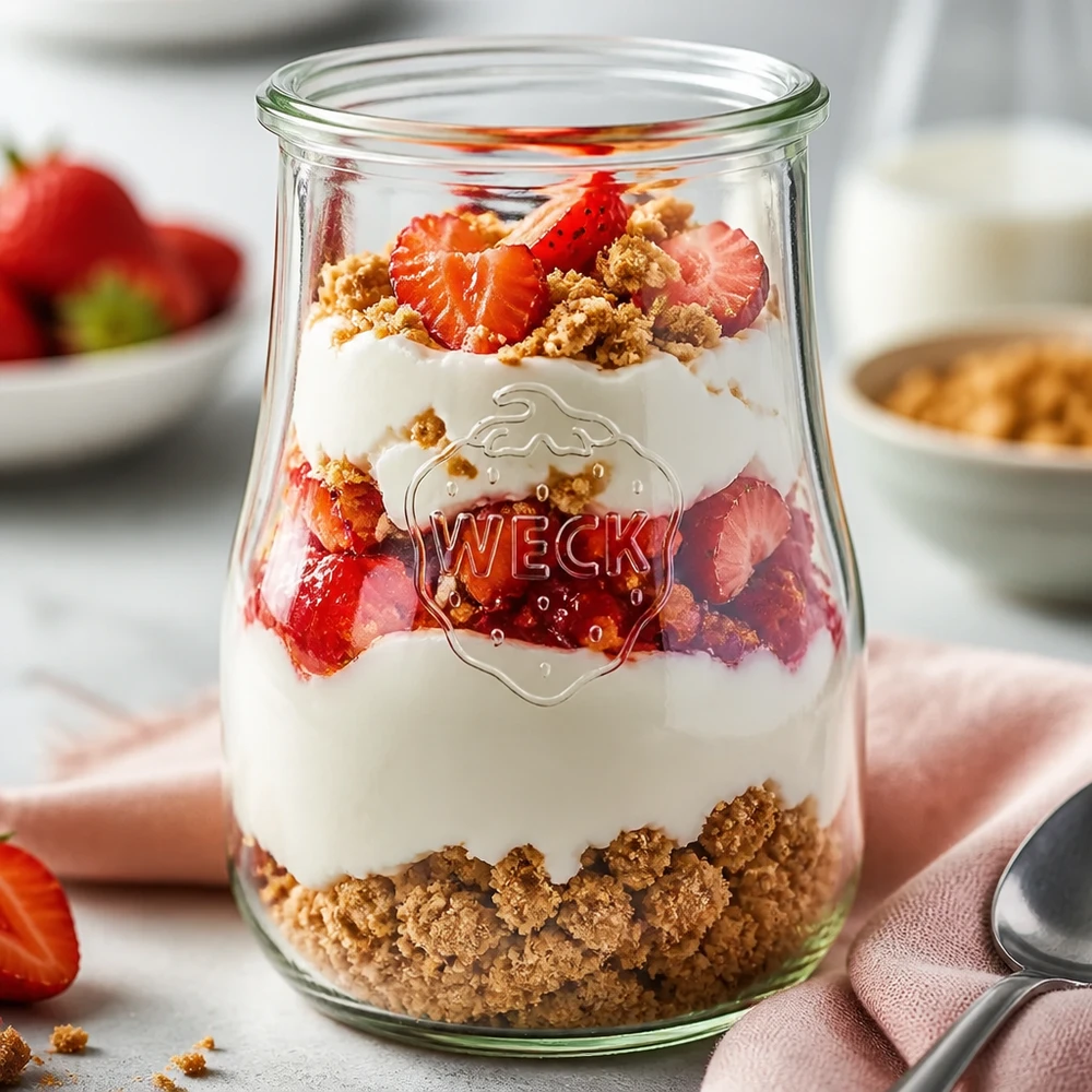WECK Pot tulipe 1750ml comme pot à dessert stratifié rempli de yaourt fraises et granola sur tissu rose