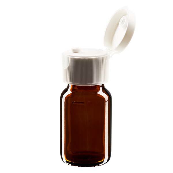 Flacon médical de 30 ml avec couvercle blanc à charnière