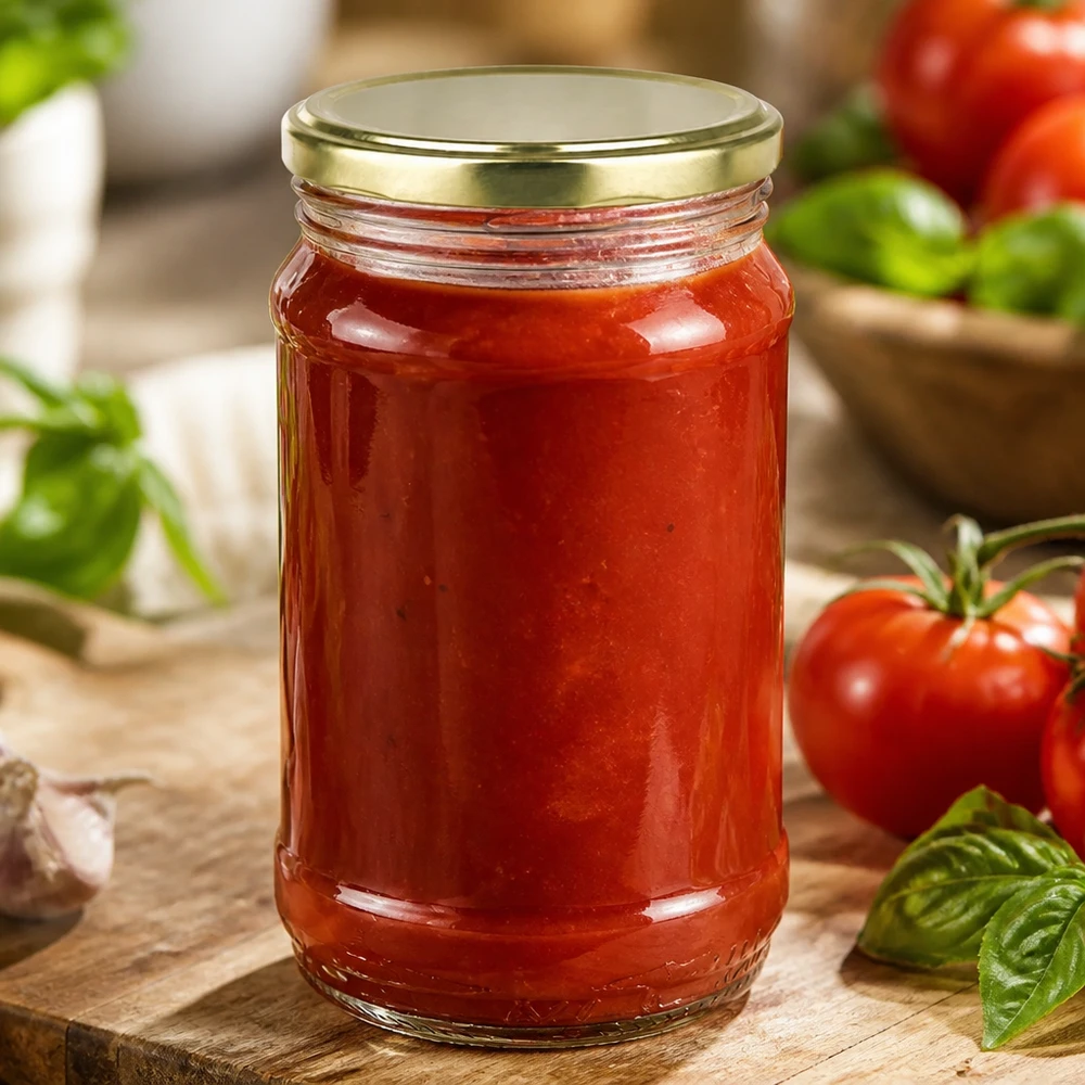 Bocal rond en verre de 370 ml + BasicSeal gold UNiTWIST Bocal rond classique UNiTWIST de 370 ml avec bouchon BasicSeal pour la sauce tomate et le sugo