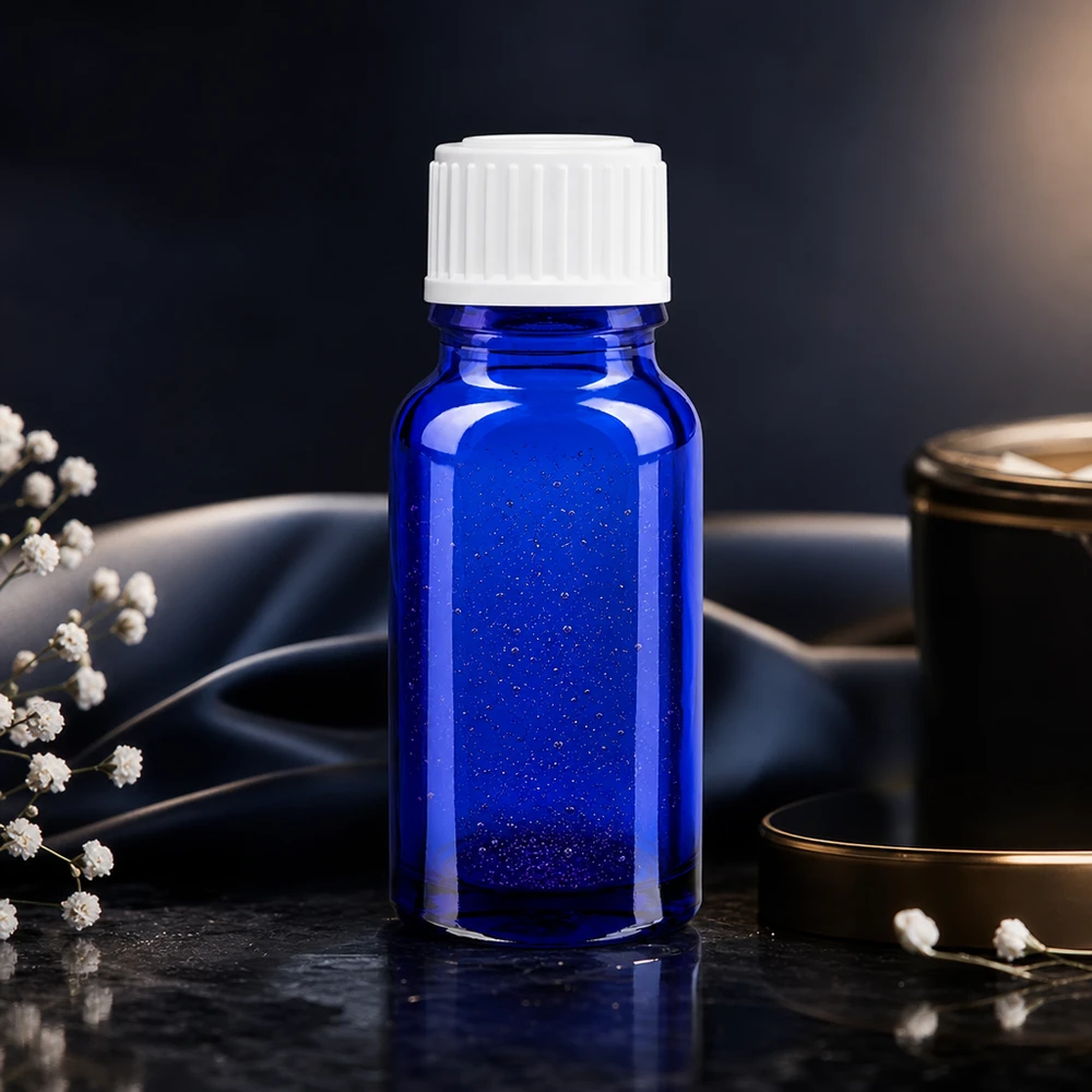 Flacon pharmaceutique bleu cobalt de 10 ml avec bouchon blanc rainuré, posé sur une surface marbrée foncée