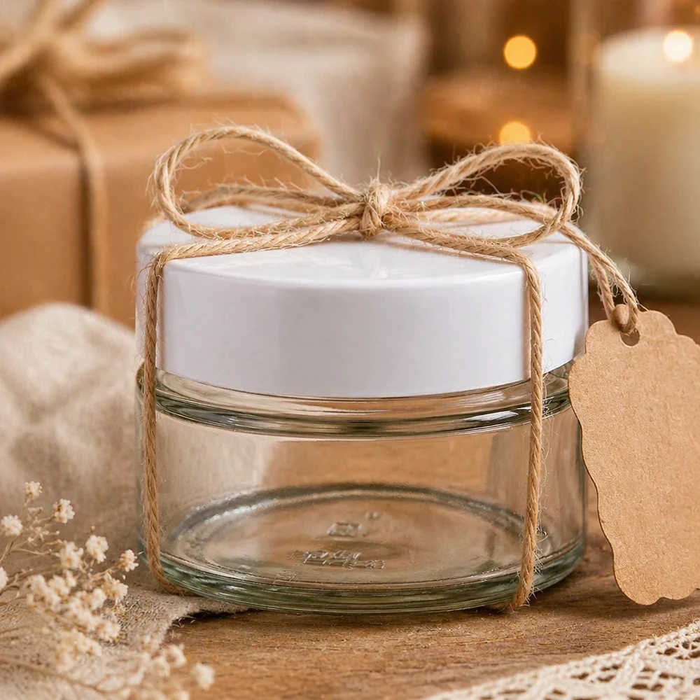 130ml verre rond BasicSeal blanc comme emballage cadeau avec corde de jute et pendentif - DIY boîte cadeau en verre