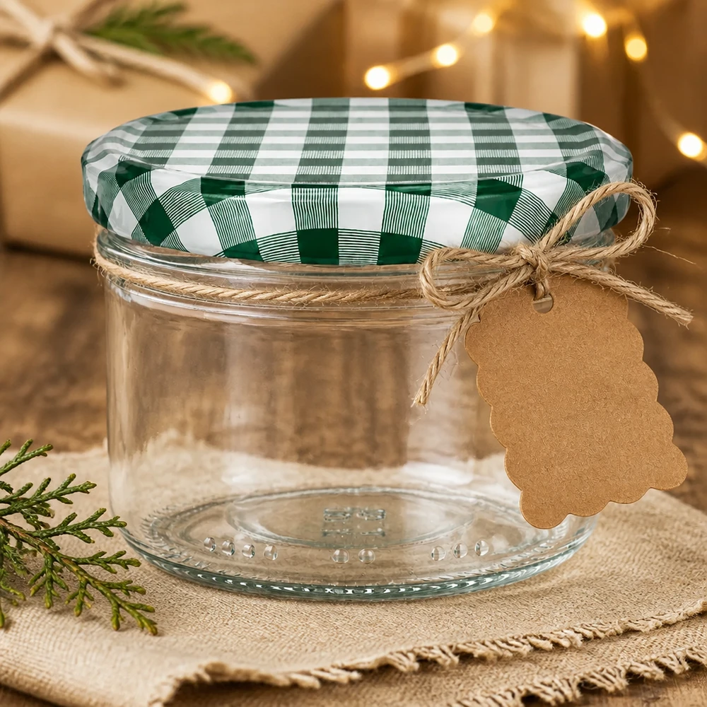 Pot cylindrique vide de 230ml avec couvercle à carreaux verts et blancs comme emballage cadeau avec ficelle de jute et pendentif en papier kraft
