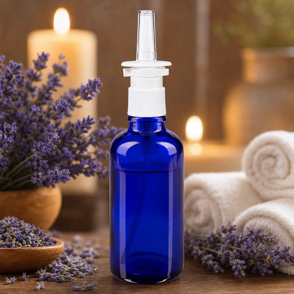 Flacon de pharmacie bleu 50ml vaporisateur nasal blanc Std Flacon de spray nasal pour aromathérapie de 50 ml, bleu cobalt, avec embout transparent, dans un cadre naturel