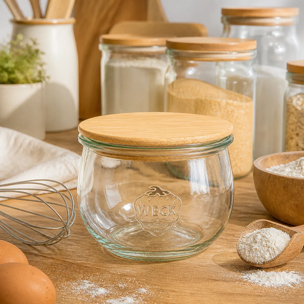 580ml bocal tulipe WECK RR100 avec couvercle en bois WECK Pot tulipe 580ml RR100 Couvercle en bois Accessoires de cuisson Farine Oeufs Fouet Aménagement de cuisine rustique Verre de réserve