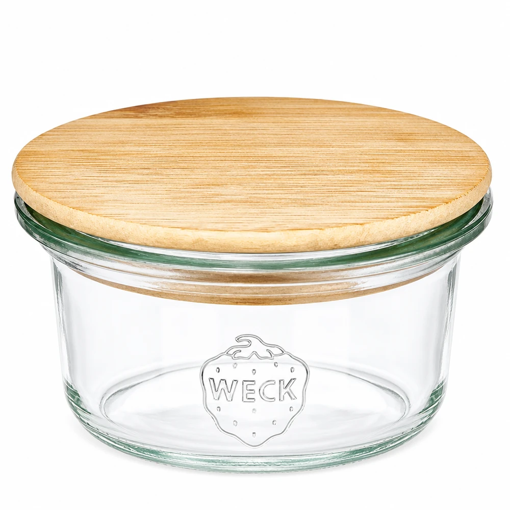 Mini bocal renversé de 50 ml WECK RR60 avec couvercle rond en bois de bambou, verre transparent avec logo WECK