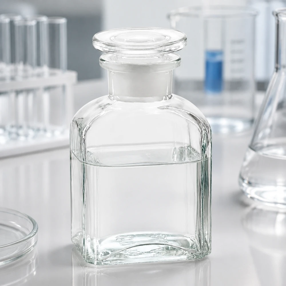 Flacon carré col large 150 ml + bouchon RIN, verre clair Récipient carré transparent de 150 ml pour liquides, muni d'un bouchon en verre hermétique, au format laboratoire