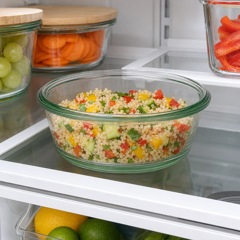 Bocal en verre gourmet WECK RR120 de 300 ml WECK RR120 Pot gourmet 300ml au réfrigérateur avec salade de quinoa montre une conservation pratique des plats Meal Prep