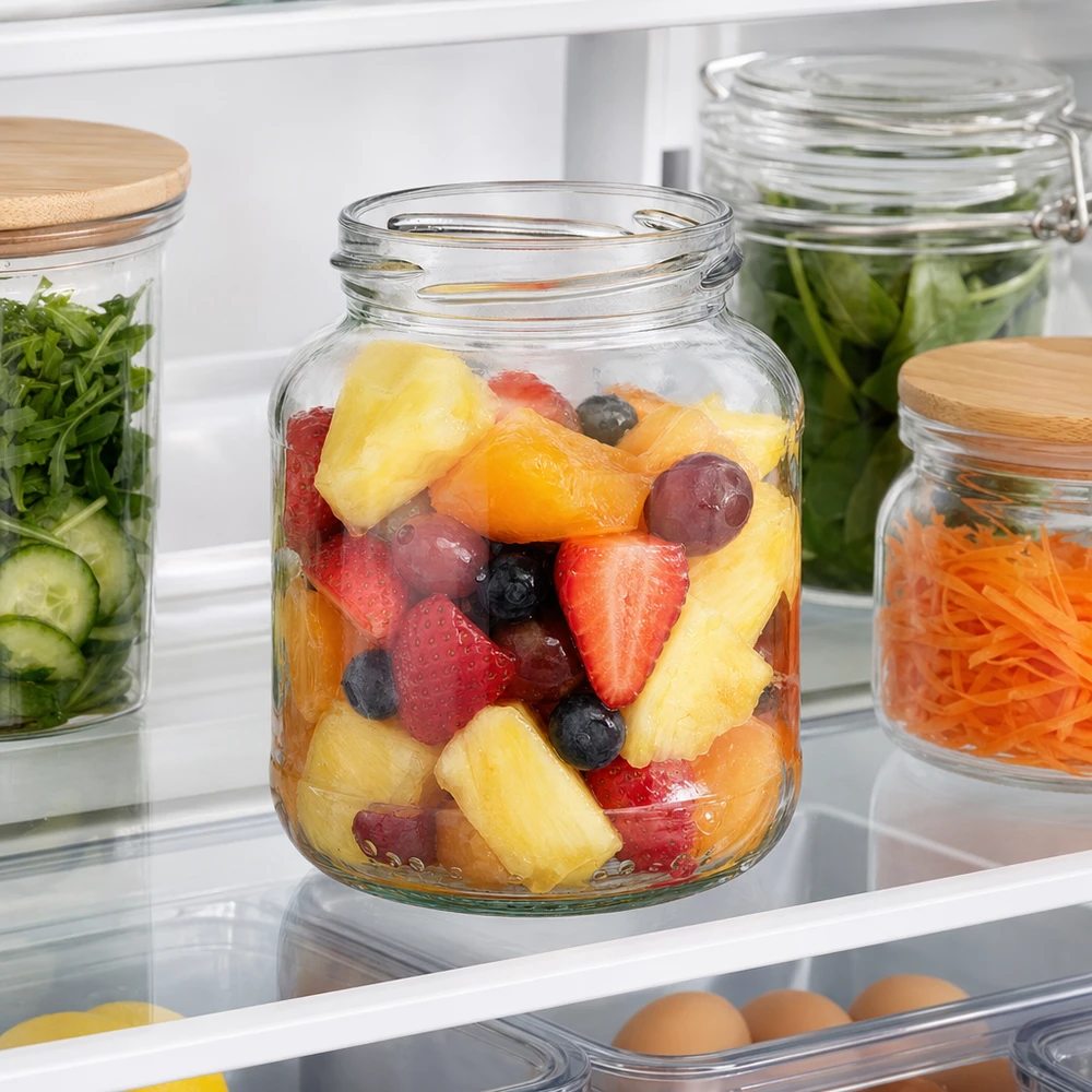 UNiTWIST Oval370 Pot de conservation 370ml avec salade de fruits dans le réfrigérateur à côté d'autres pots de conservation avec légumes