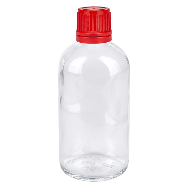 Flacon 100ml 11mm SV rouge OV ClearLine UT18/100 Flacon en verre transparent de 100 ml avec bouchon à vis rouge et bouchon d'inviolabilité ClearLine