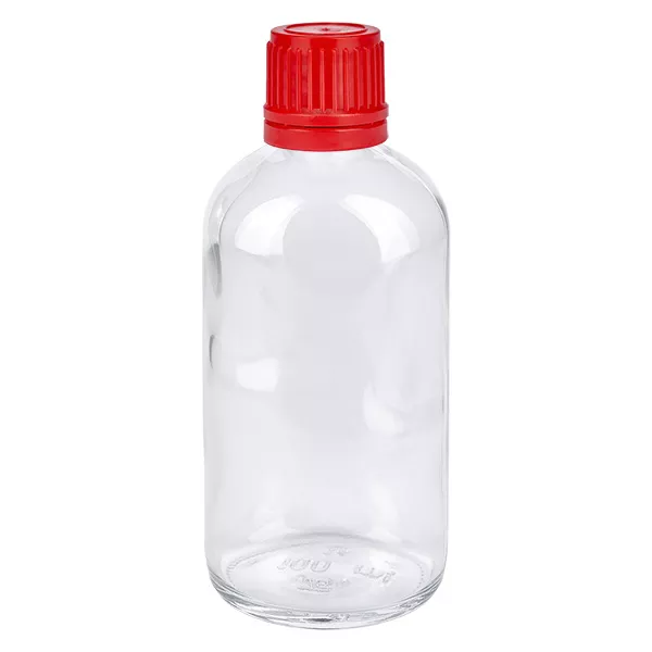 Flacon 100ml 11mm SV rouge OV ClearLine UT18/100 Flacon en verre transparent de 100 ml avec bouchon à vis rouge et bouchon d'inviolabilité ClearLine