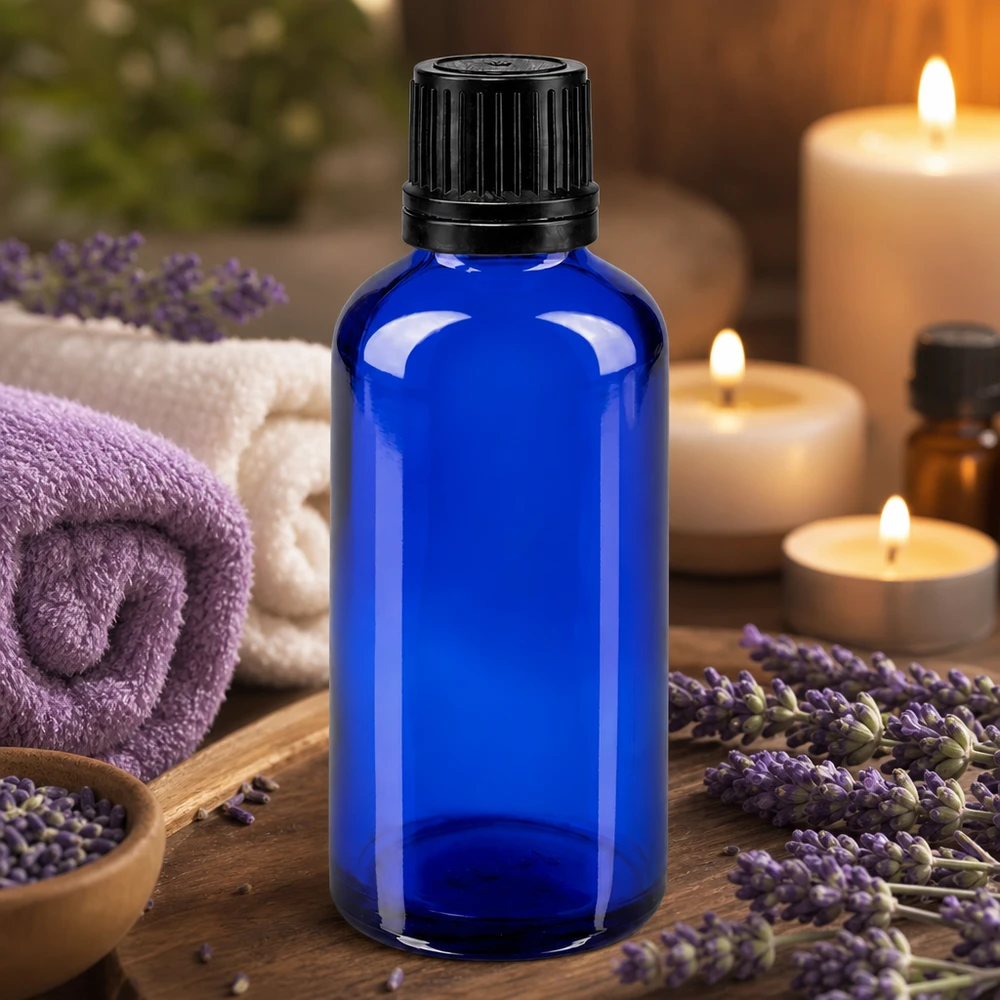 Flacon à pharmacie bleu 50ml bouchon vissable noir bouchon inviolabilité Flacon de pharmacie bleu cobalt de 50 ml avec bouchon OV à l'épreuve des enfants, dans une ambiance spa