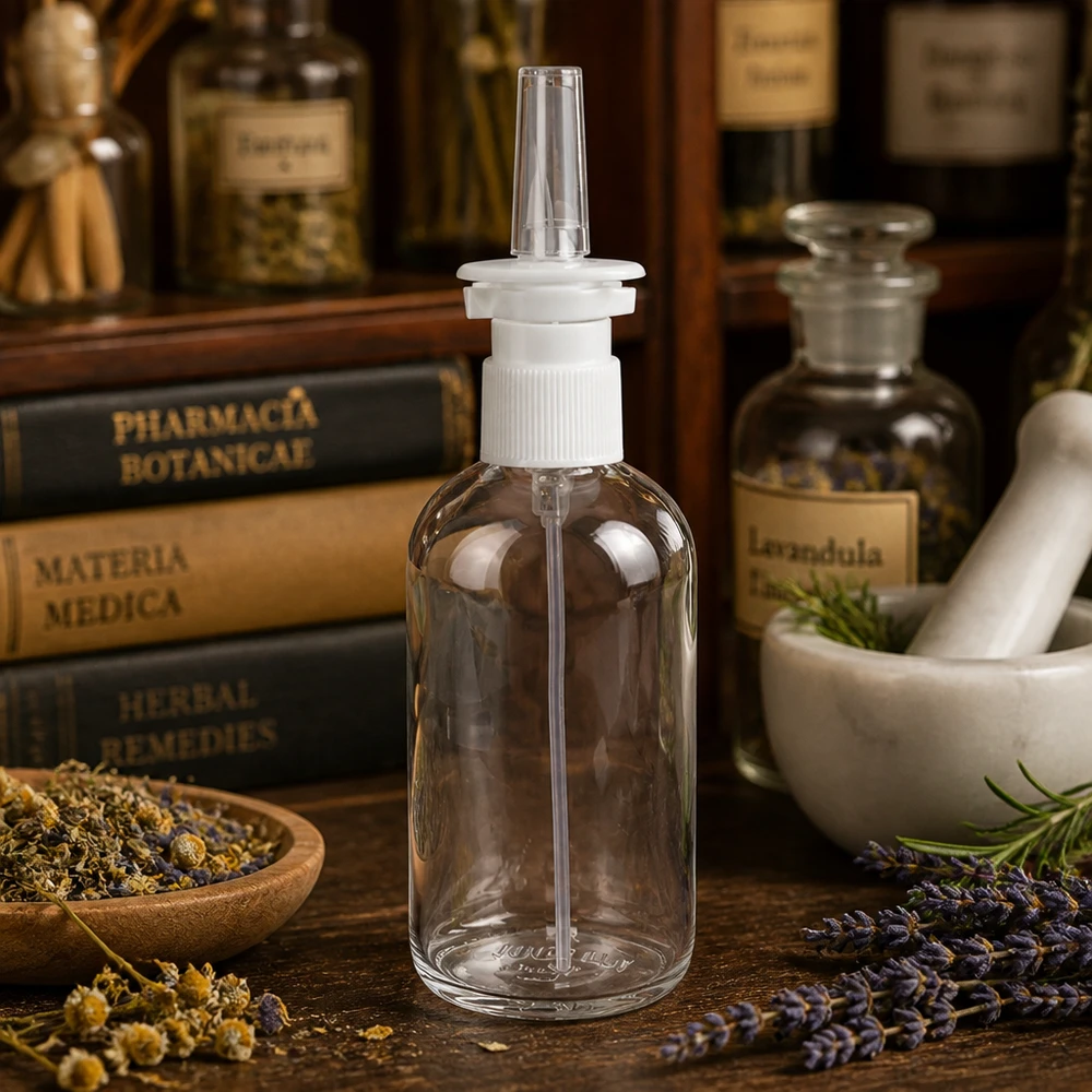 Flacon de spray nasal ClearLine de 100 ml avec pompe blanche, devant des livres sur les plantes médicinales