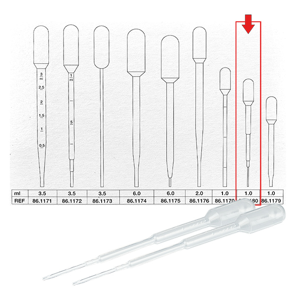 Pipette de transfert, volume nominal : 1 ml, (Lxl) : 104 x 10 mm, Mate
