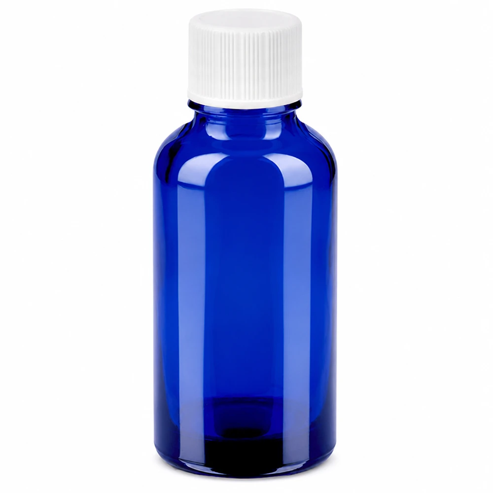 Flacon de 30ml 11mm SV blanc STD BlueLine UT18/30 Bouteille ronde en verre bleu profond de 30ml idéale pour l'aromathérapie et les remèdes homéopathiques