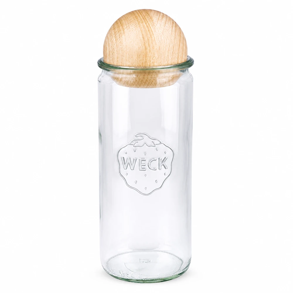 WECK Pot cylindrique 1040ml RR80 avec boule en bois de hêtre comme couvercle, pot de conserve clair avec logo de la marque