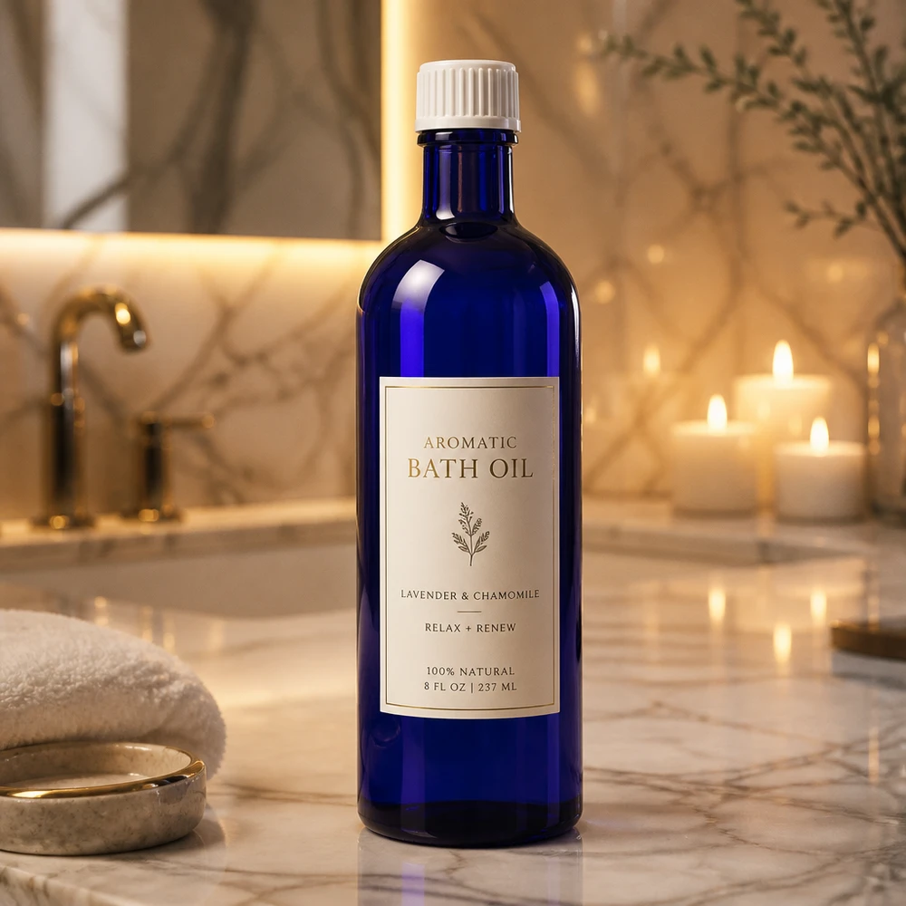 Flacon de pharmacie bleu 200ml bouchon vissable blanc standart Flacon à vis bleu cobalt de 200 ml en verre anti-UV pour huiles corporelles et produits pour le bain