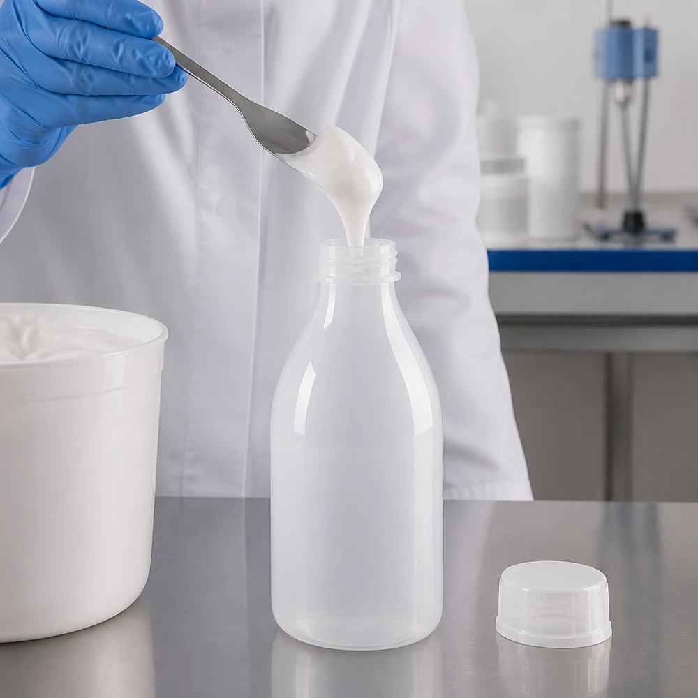 Flacon 100 ml à col étroit, avec bouchon Un laborantin en blouse blanche remplit un flacon à vis de 100 ml avec une émulsion onctueuse