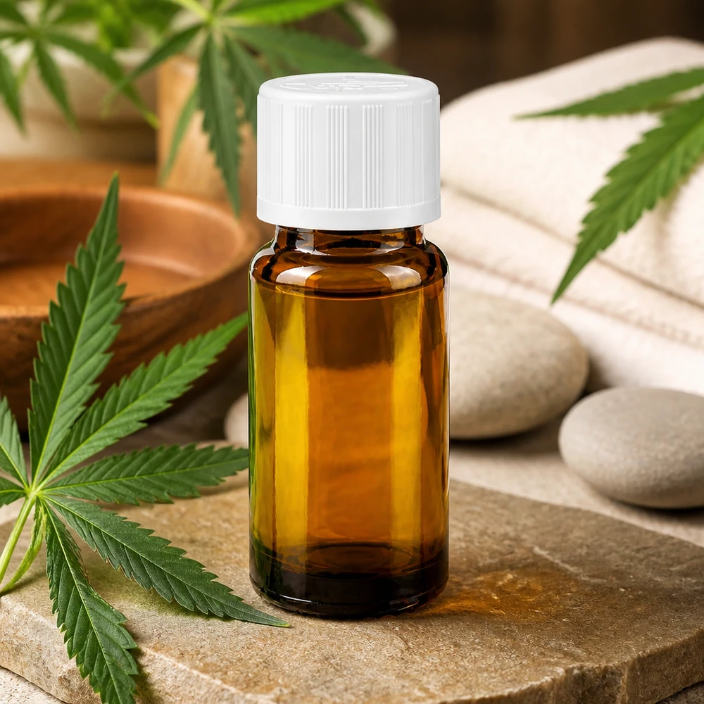 Flacon compte-gouttes de 10 ml en verre brun, avec bouchon de sécurité enfant, posé sur une pierre naturelle