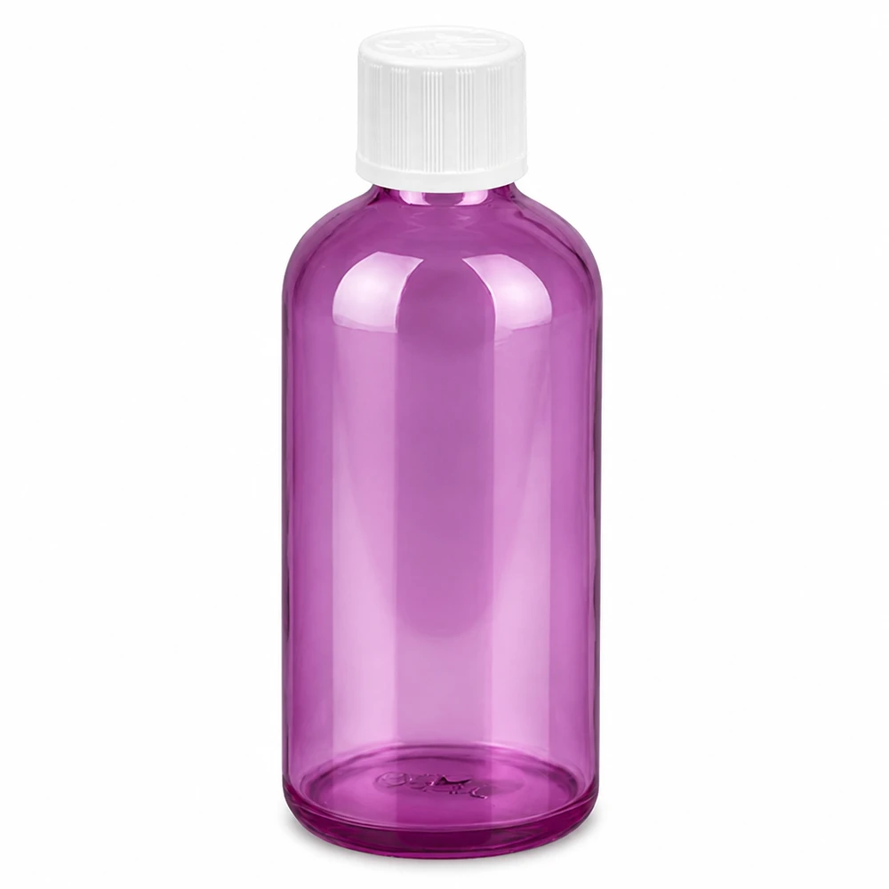 Flacon compte-gouttes 100ml 1,2mm blanc standard sécurité enfant PurpleLine. UT18/100 Flacon doseur de 100ml en violet transparent avec ouverture anti-goutte de 1,2mm