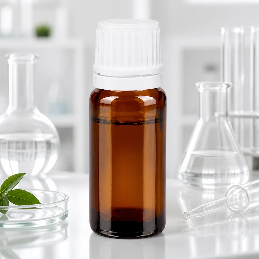 Flacon médical de 10 ml en verre brun protégeant de la lumière, muni d'un bouchon d'inviolabilité blanc