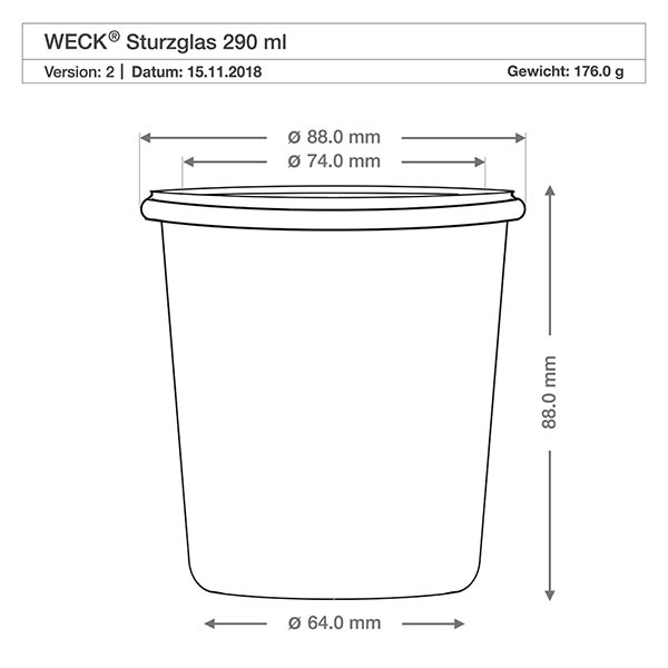 Jeu de 48 pots Weck 290ml de haut, 1/5L avec 48 pots en verre Dessin technique WECK Verre renversé 290ml RR80 avec dimensions Diamètre 88mm Hauteur 88mm Poids 176g