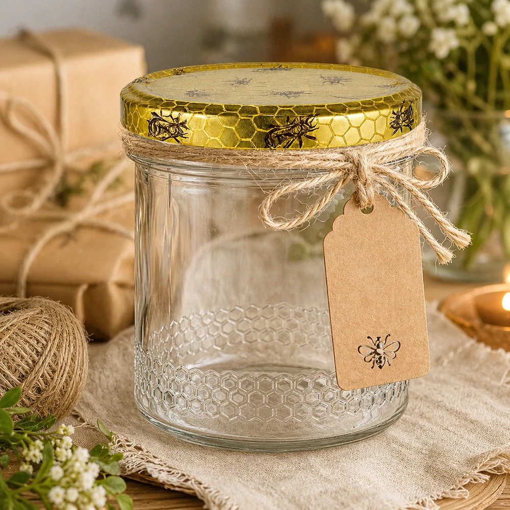 Pot de miel de 400 ml décoratif avec cordon de raphia et pendentif, couvercle doré à motif d'abeilles, emballage cadeau rustique