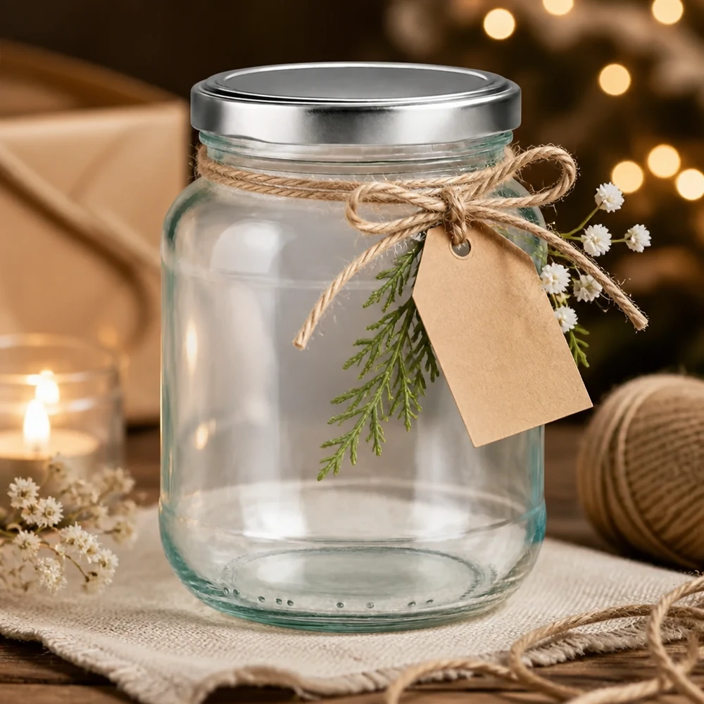 370ml Verre ovale avec couvercle BasicSeal argent UNiTWIST Verre ovale de 370 ml avec couvercle BasicSeal argenté comme idée de cadeau décoré avec une corde de jute et une étiquette cadeau
