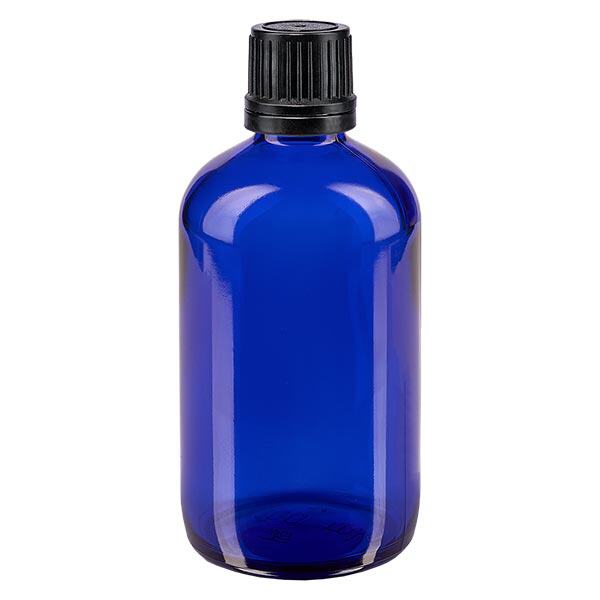 Bouteille de pharmacie bleue 100ml bouchon vissable bague de coulée noire bouchon inviolabilité