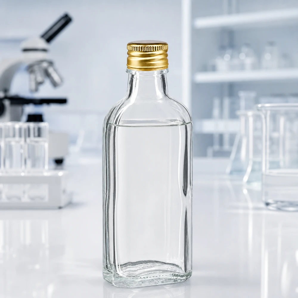 Bouteille Meplat transparente en verre de 100 ml avec bouchon en aluminium doré PP22 – Vue de face