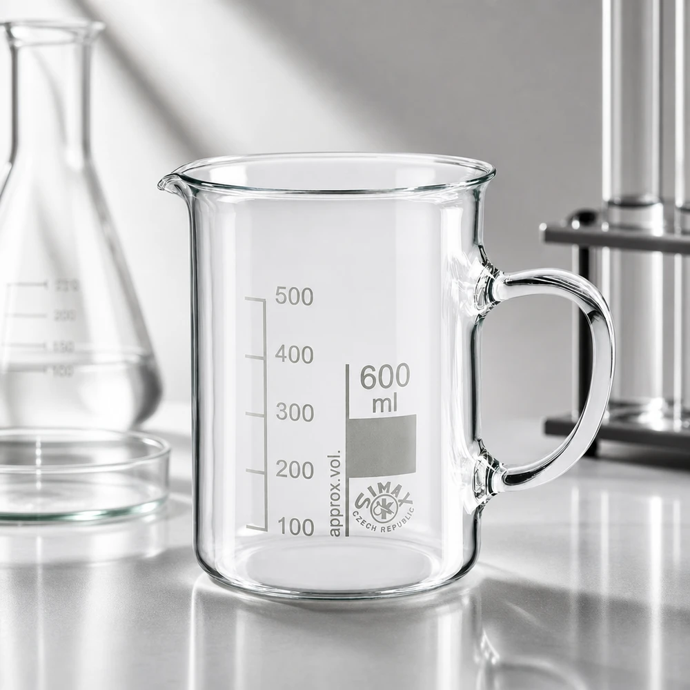 Bécher avec poignée 600ml en verre borosilicate résistant à la chaleur (forme normale) Bécher transparent avec anse, 600 ml, en verre borosilicaté – Matériel de laboratoire – Vue d'ensemble