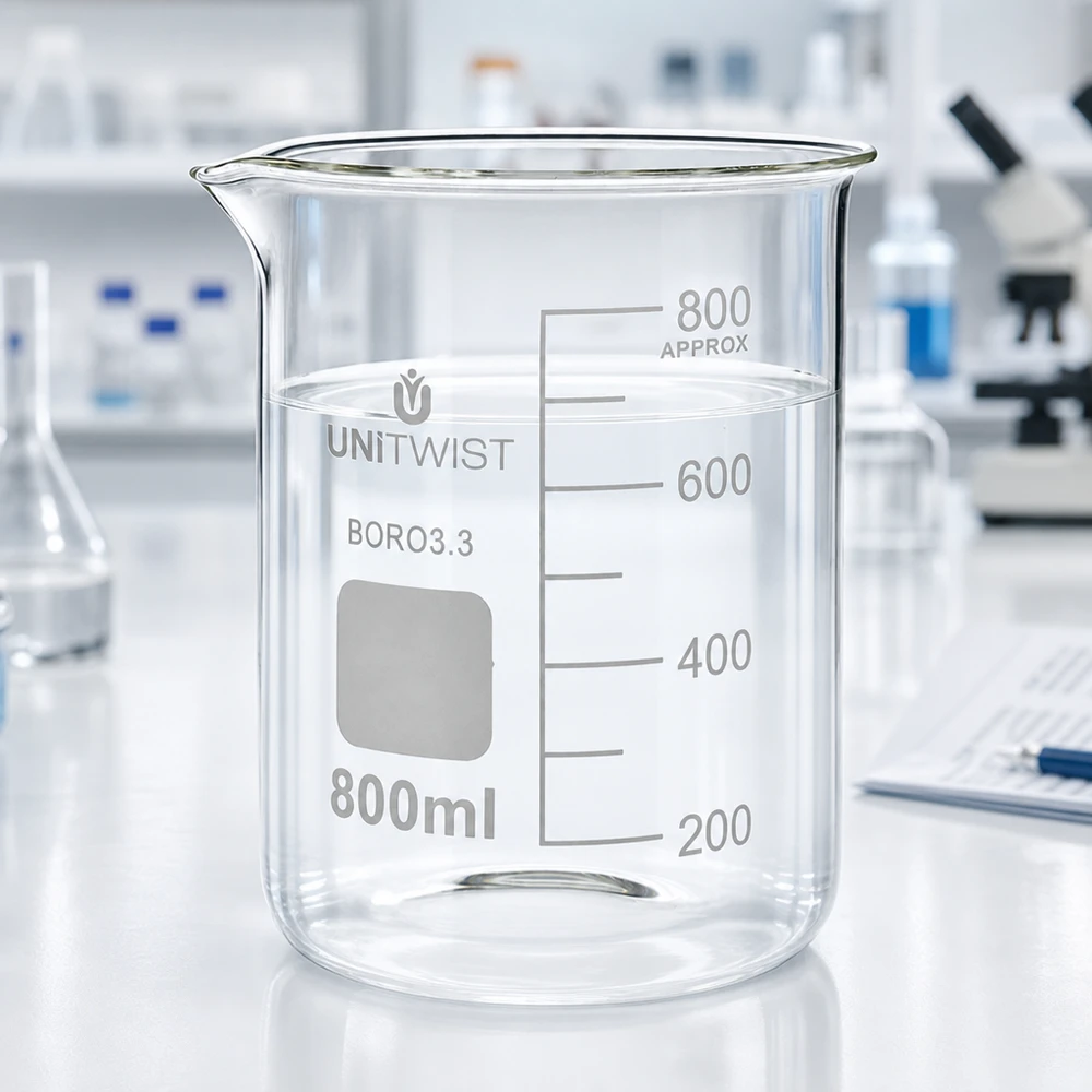 Bécher vide de 800 ml, forme basse, en borosilicate, avec zone d'étiquetage, de la marque UNiTWIST