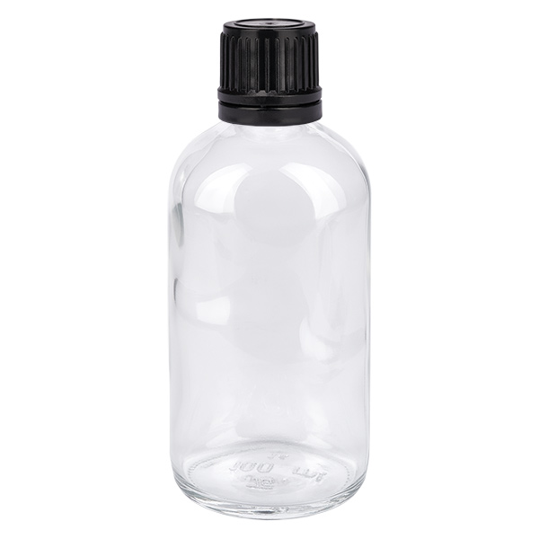 100ml (globule)Flas. 8mm GR s. STD ClearL. UT18/100 Flacon en verre transparent de 100 ml avec bouchon à vis noir pour granules homéopathiques et produits homéopathiques