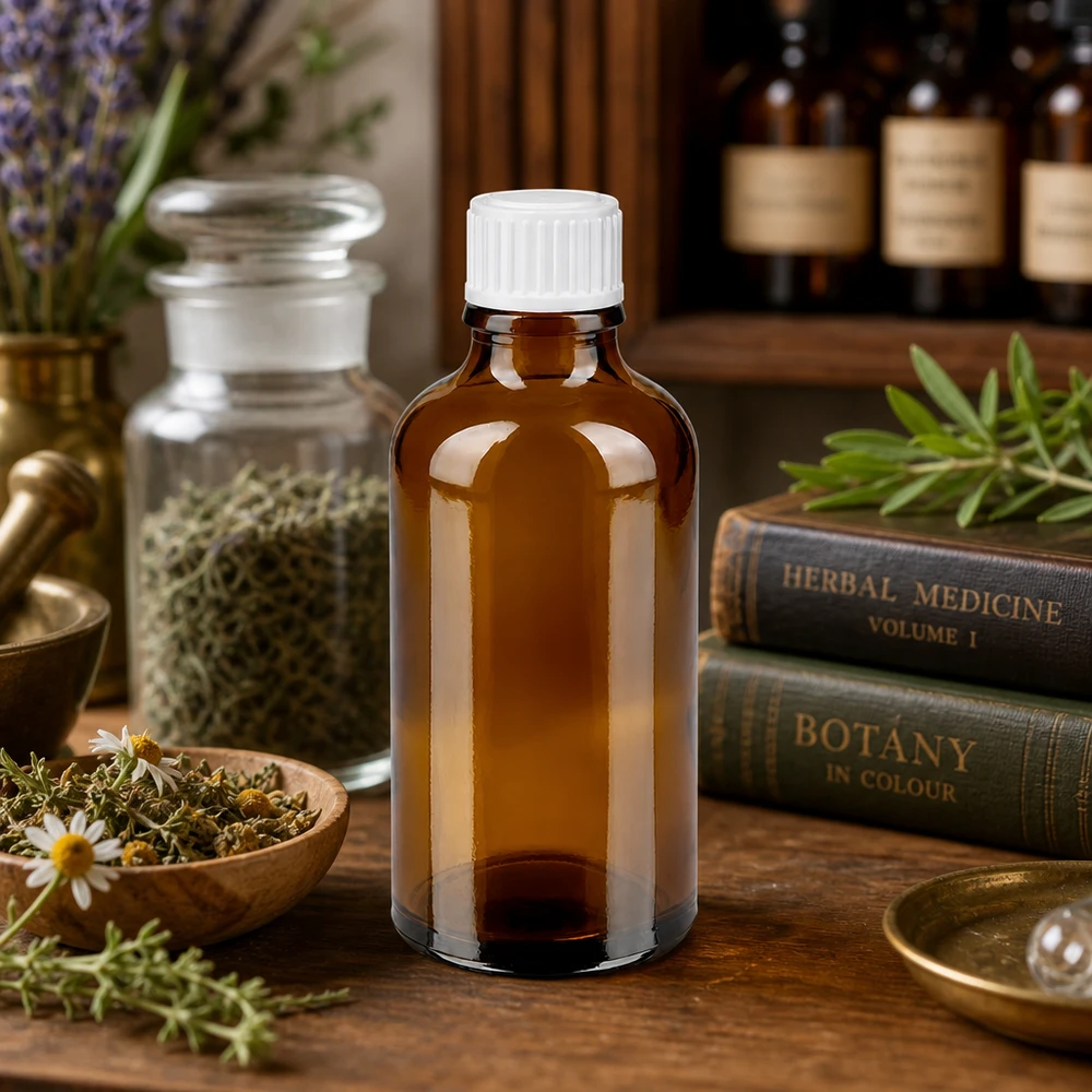Flacon de pharmacie brun 50ml bouchon à vis blanc Flacon en verre brun de 50 ml destiné à la médecine naturelle, entouré de fleurs de camomille séchées et d'herbes aromatiques