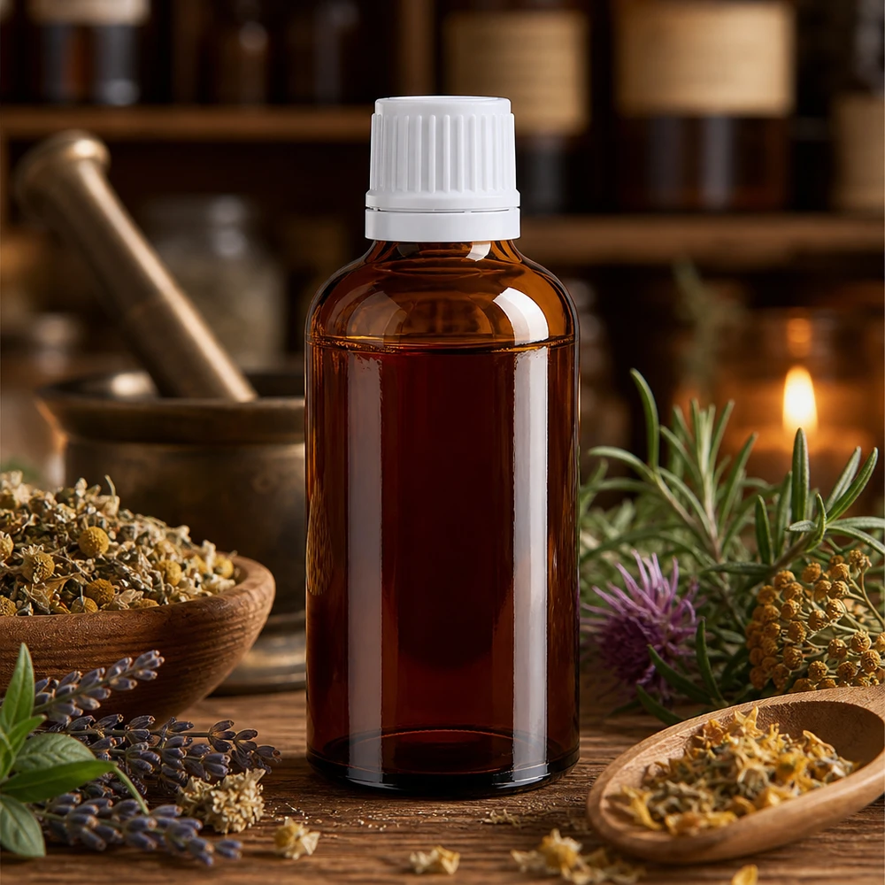Petite bouteille en verre brun de 50 ml avec bouchon d'inviolabilité, destinée à la médecine naturelle et aux extraits de plantes