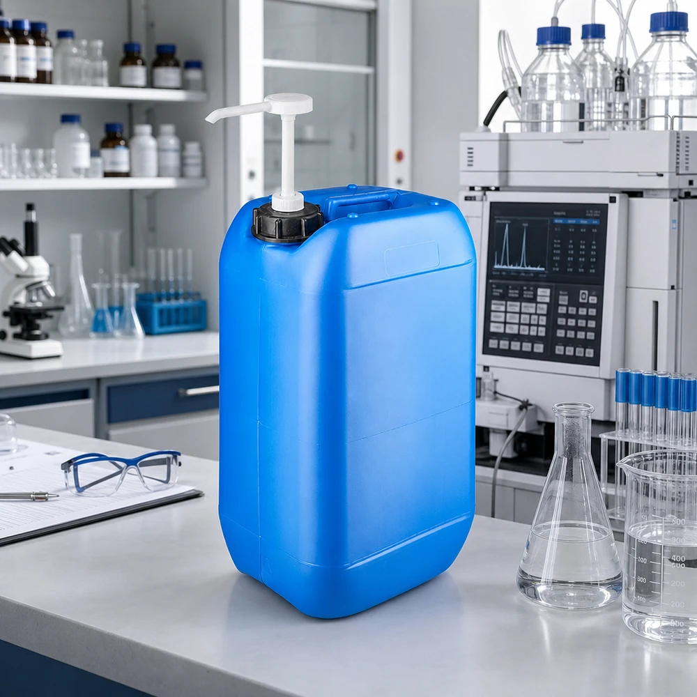 Bidon de 15 litres bleu avec pompe doseuse Bidon bleu en PEHD de 15 litres avec pompe doseuse, posé sur un plan de travail de laboratoire blanc