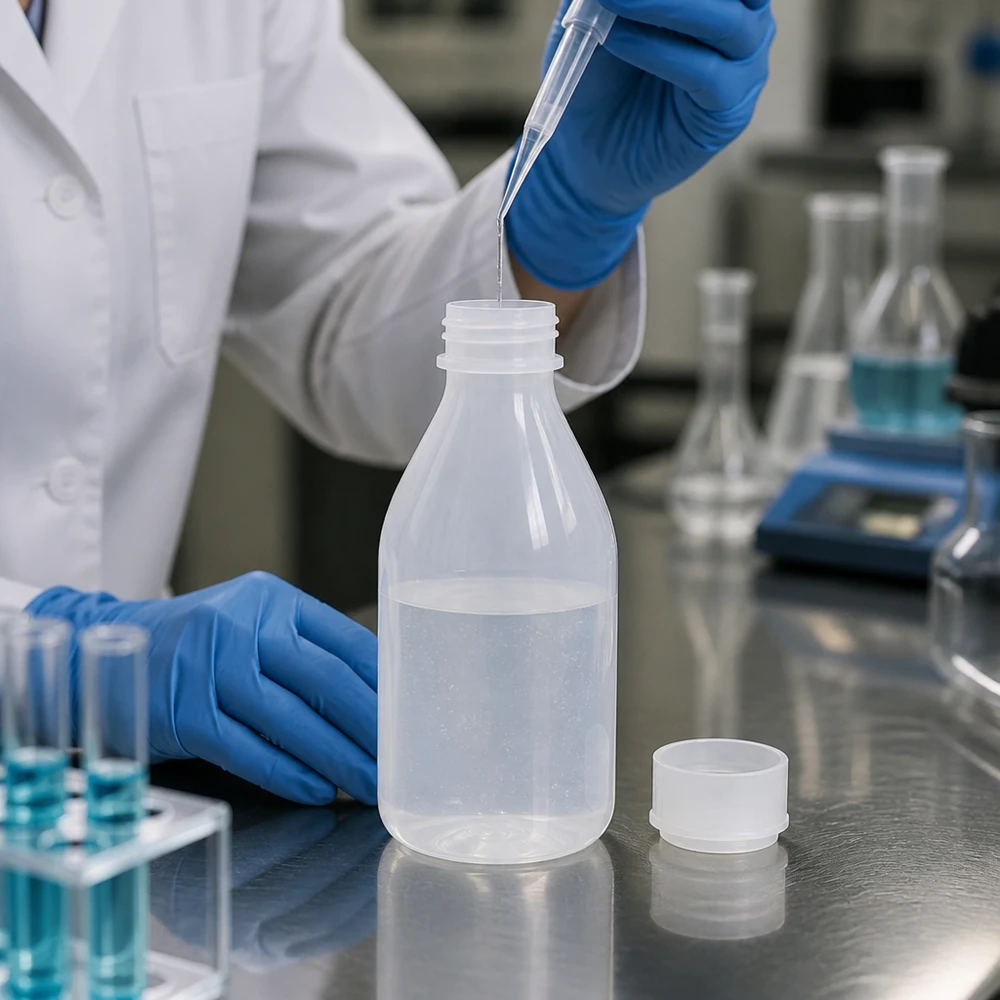 Flacon 100 ml à col étroit, avec bouchon Remplissage d'un flacon de laboratoire à col étroit de 100 ml en PP à l'aide d'une micropipette dans un environnement de laboratoire