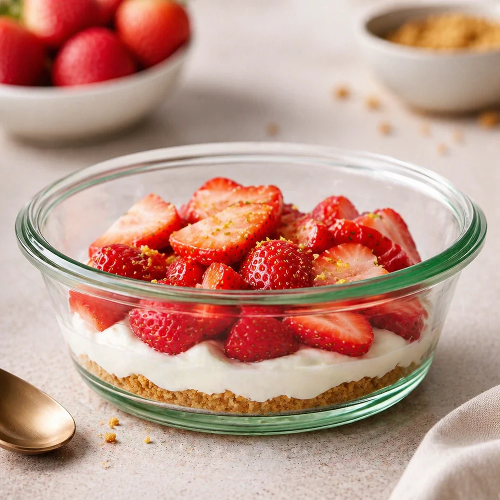 WECK Verre Gourmet 300ml RR120 comme coupe à dessert avec fraises et crème montre une utilisation polyvalente comme verre de service