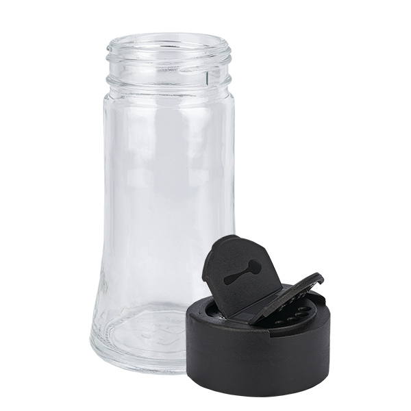 Pot à sel/épices 95ml avec double saupoudreuse noir - Couvercle astucieux : saupoudreuse 4 trous ø3mm et saupoudreuse 1 trou ø29mm.