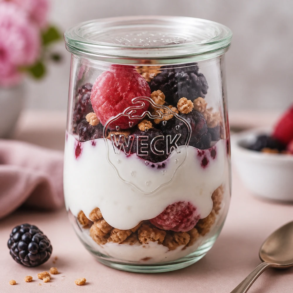 1062ml bocal tulipe avec bouchon en verre WECK RR100 WECK Pot tulipe 1062ml rempli de yaourt baies céréales dessert en couches RR100 Couvercle en verre petit déjeuner parfait rose Arrière-plan