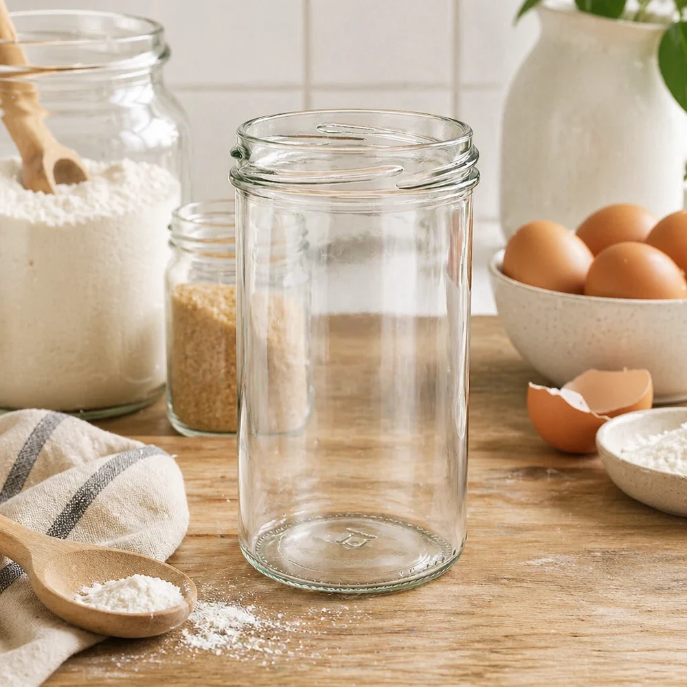 UNiTWIST Verre renversé 277ml TO66 vide sur table en bois avec ustensiles de cuisine Œufs et farine dans une cuisine rustique