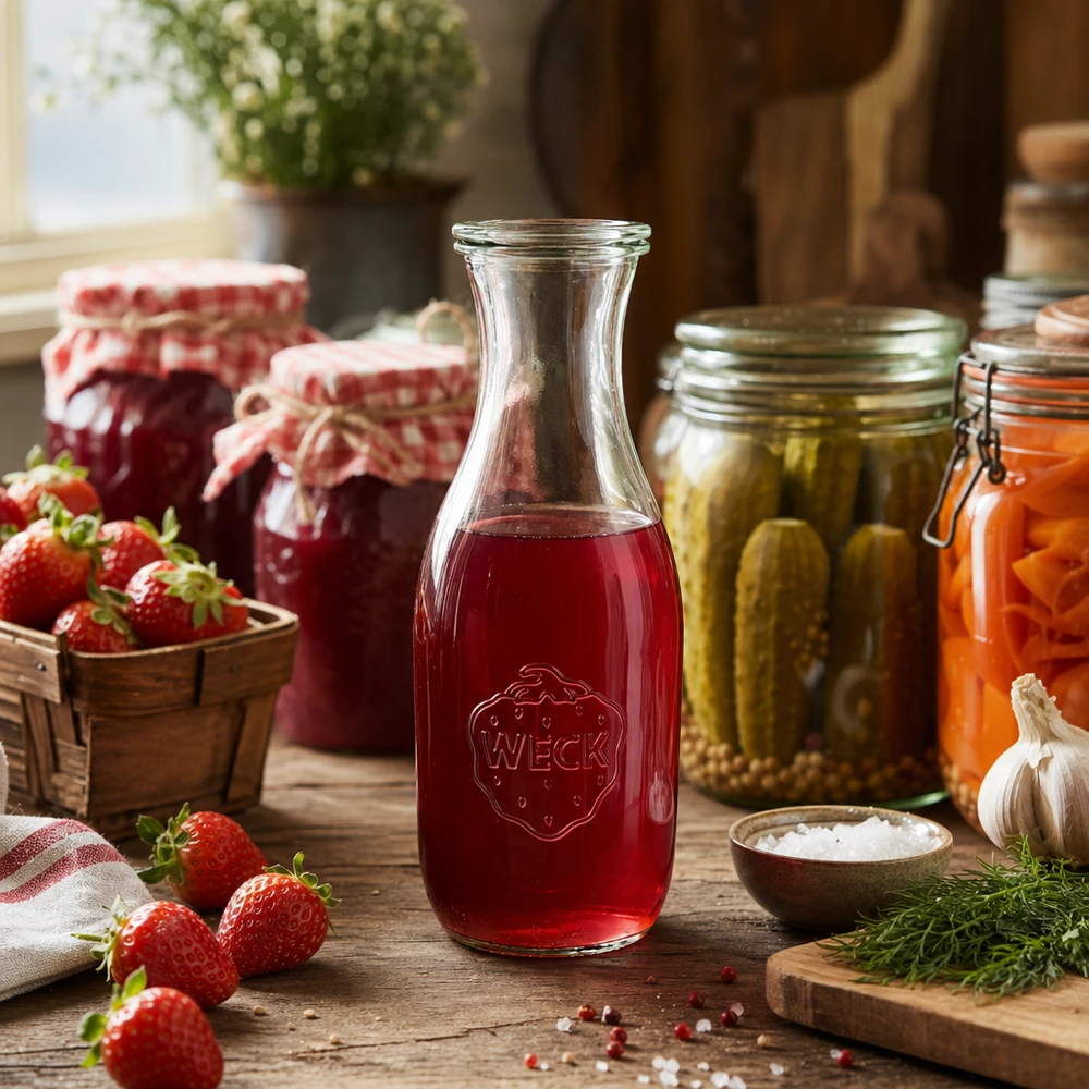 Bouteille à jus de 1 062 ml avec couvercle en verre WECK RR60 WECK Bouteille de jus 1062ml remplie de jus de fraise rouge entourée de fraises fraîches et de bocaux dans la cuisine