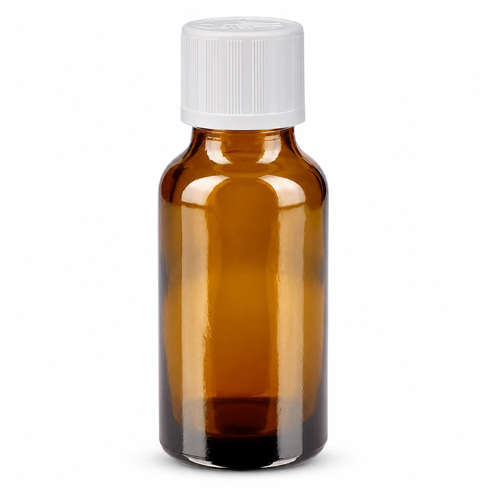 Petit flacon en verre ambré de 20 ml avec bouchon à vis blanc et sécurité enfant de 11 mm